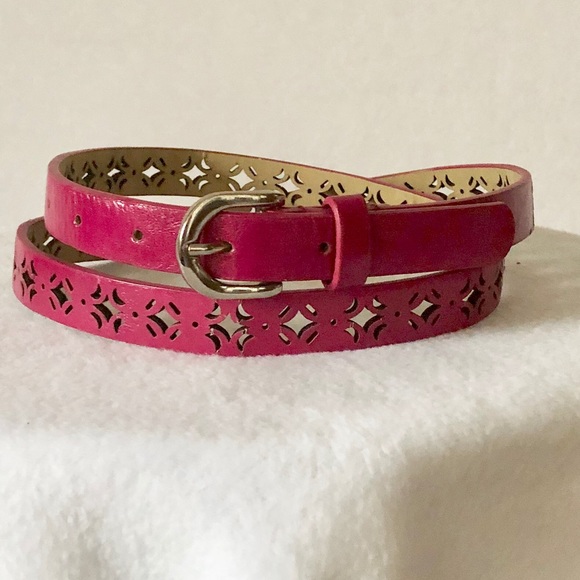 Accessories - Pink Leather Laser Cut Skinny Belt